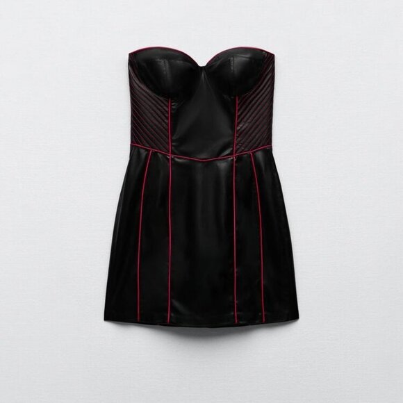 NEW Zara Women's FAUX LEATHER DRESS Black/Neon Pink - Picture 6 of 9
